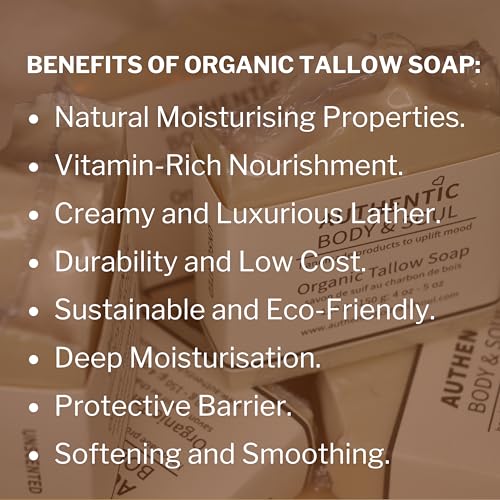 1 Ingredient Organic Tallow Soap for Sensitive Skin - 130 grams plus, Pack of 1 - Unscented and Fragrance Free Beef Tallow Skincare, Naturally Gentle (UNSCENTED) (PURE SINGLE BAR)