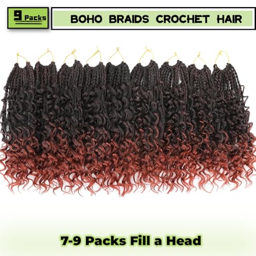 10 Inch Goddess Box Braids Crochet Hair 9 Packs Pre Looped Boho Crochet Box Braids for Black Women Synthetic Braiding Hair with Curly Ends (T350)