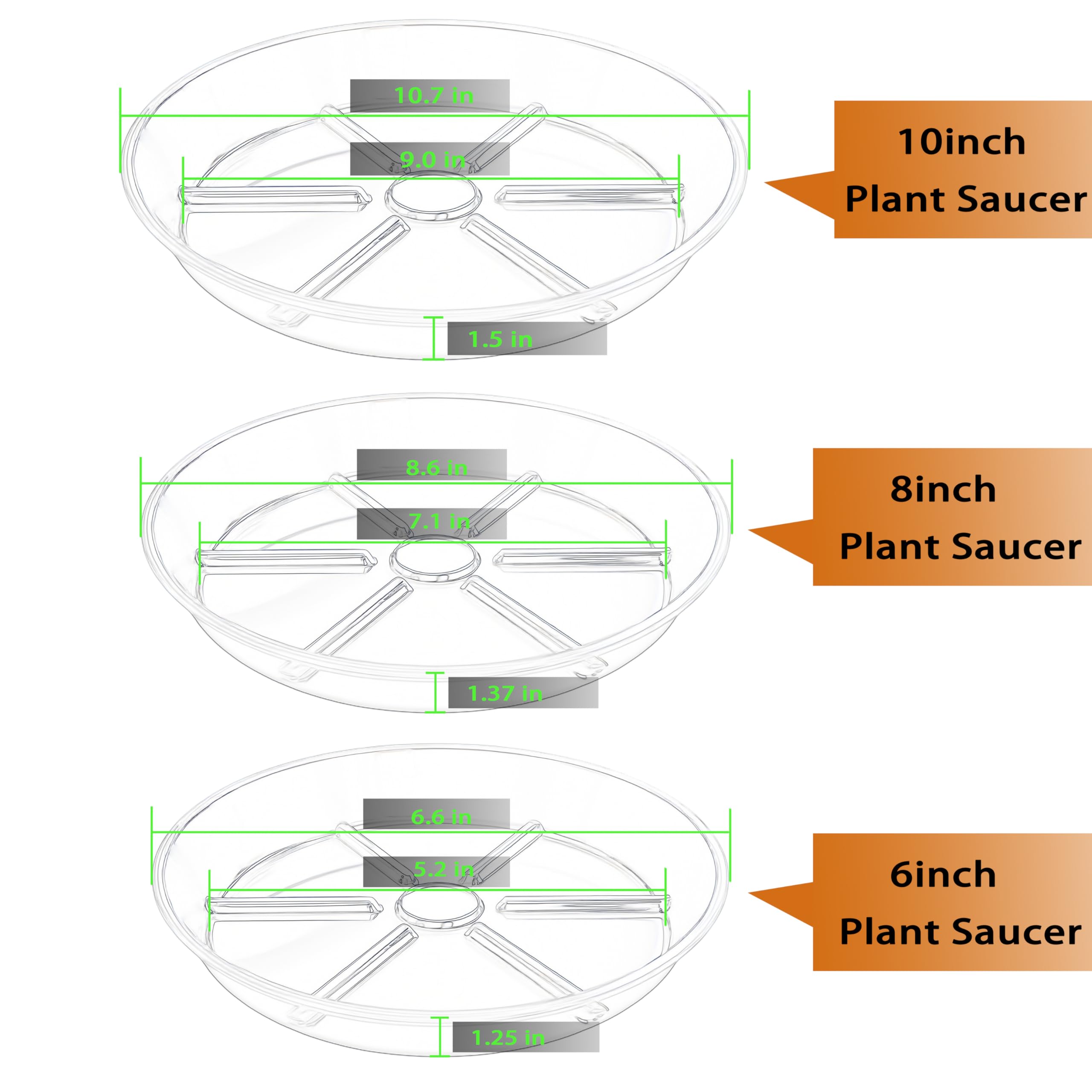 10 Packs Plant Saucer, 6 8 10 inch Clear Plant Saucers, Durable Round Plastic Flower Plant Water Drip Tray for Pots Planter, Heavy Duty Plant Dish Pant Plate to Catch Water for Indoor & Outdoor