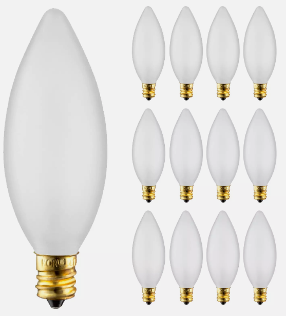 12 Pack Chandelier Torpedo Tip B10 Bulbs 120V 25W Candelabra E12 Frosted 2700K