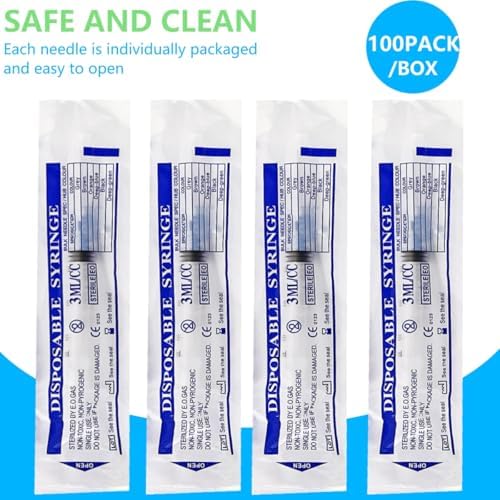 100 Pack 3ml/cc Plastic Syringe Luer Lock Tip - Liquid Measuring Syringe Tools (No Needle) - Sterile Individually Sealed Wrapped