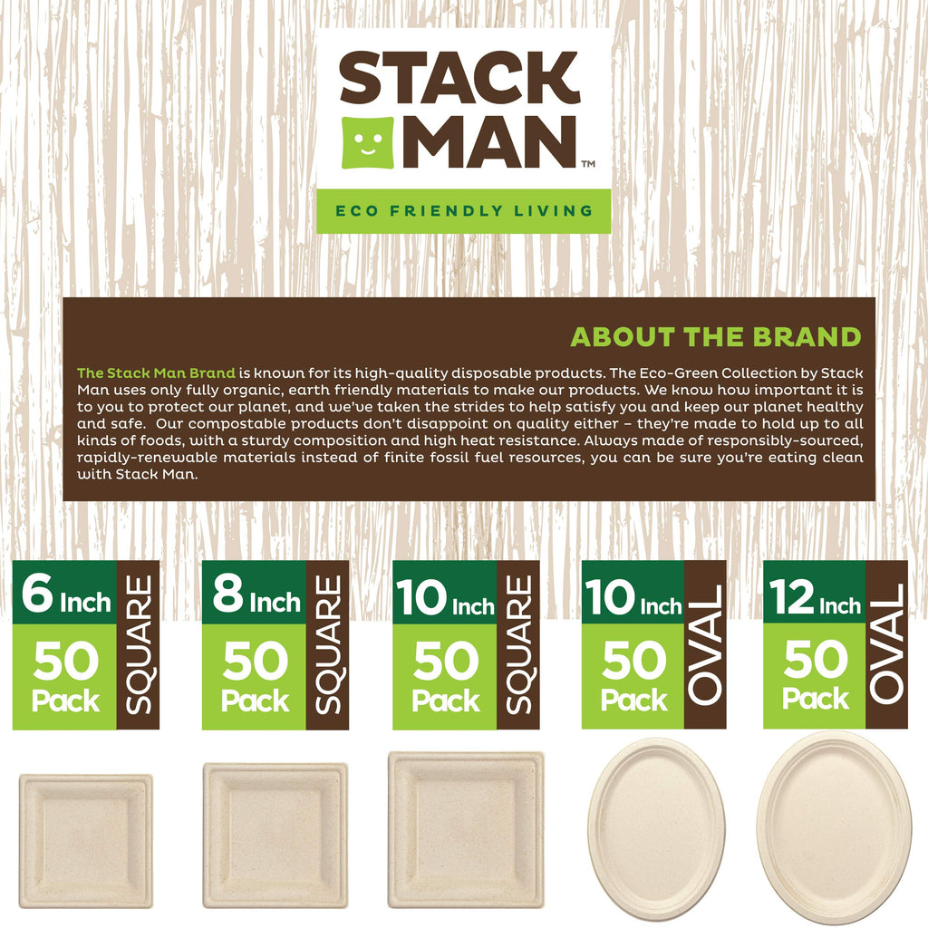 100% Compostable Square Paper Plates [50-Pack] - {PFAS-Free} - {BPI Certified} - [10 Inch] Heavy Duty, Eco-Friendly, Biodegradable Bagasse Dinner Plates - Natural Brown 10" Plate by Stack Man