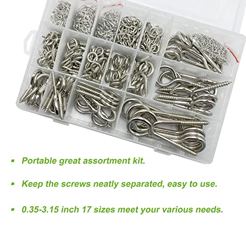 1000Pcs Screw Eyes Assortment Kit Silver Nickel Plated Eye Hooks Eye Bolts Metal Eye Pins Eyelet Screw Loops for Hanging Sign, Wind Chime, Jewelry Making 17 Sizes Mini to Large
