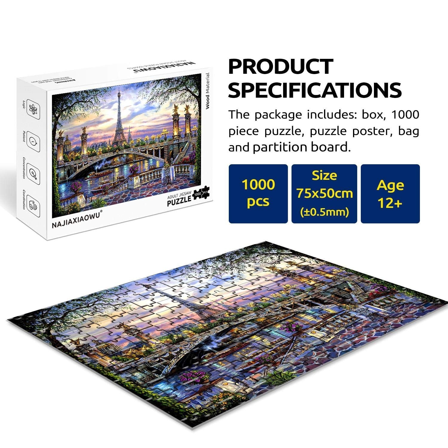 1000 Pieces Puzzles for Adult Wooden Jigsaw Puzzle 1000 Piece Puzzle Adult Children Elderly Puzzle Flower Eiffel Tower Paris Bridge Puzzle Gift for Mom Dad Family Friend Home Decor Wall Art 29.5x20IN