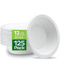 100% Compostable Disposable Paper Bowls [125-Pack] - {PFAS-Free} - {BPI Certified} - [12 oz] Heavy Duty, Eco-Friendly, Biodegradable Bagasse Hot Soup Bowls - Thick White 12oz Bowl Plates by Stack Man