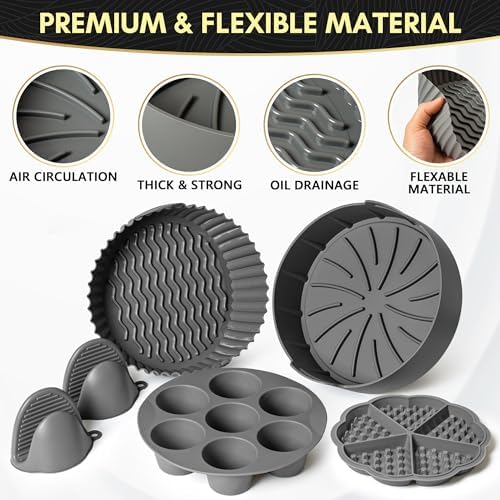 "Silicone Air Fryer Liners Set of 5 – Reusable Air Fryer Accessories with Waffle & Egg Bite Mold, Oven Mitts – Non-Stick, Food-Grade, Heat-Resistant for 5-7 Qt Ninja, Cosori, Instant Pot"