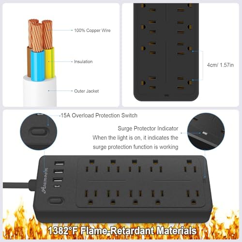 15 FT 14-in-1 Power Strips with Surge Protection 1700J,10 Outlets with 4 USB Ports (1 USB C) Long Extension Cord with Multiple Outlets 16Awg 1625W/13A Flat Plug Power Strip Protector Black