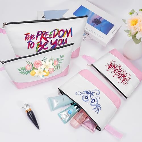 10 Pieces Cotton Canvas Makeup Bag with Bottom and Strap, Multi-Purpose Cosmetic Bag with Zipper Travel Toiletry Pouch, Blank DIY Craft Bag (White&Pink, S)