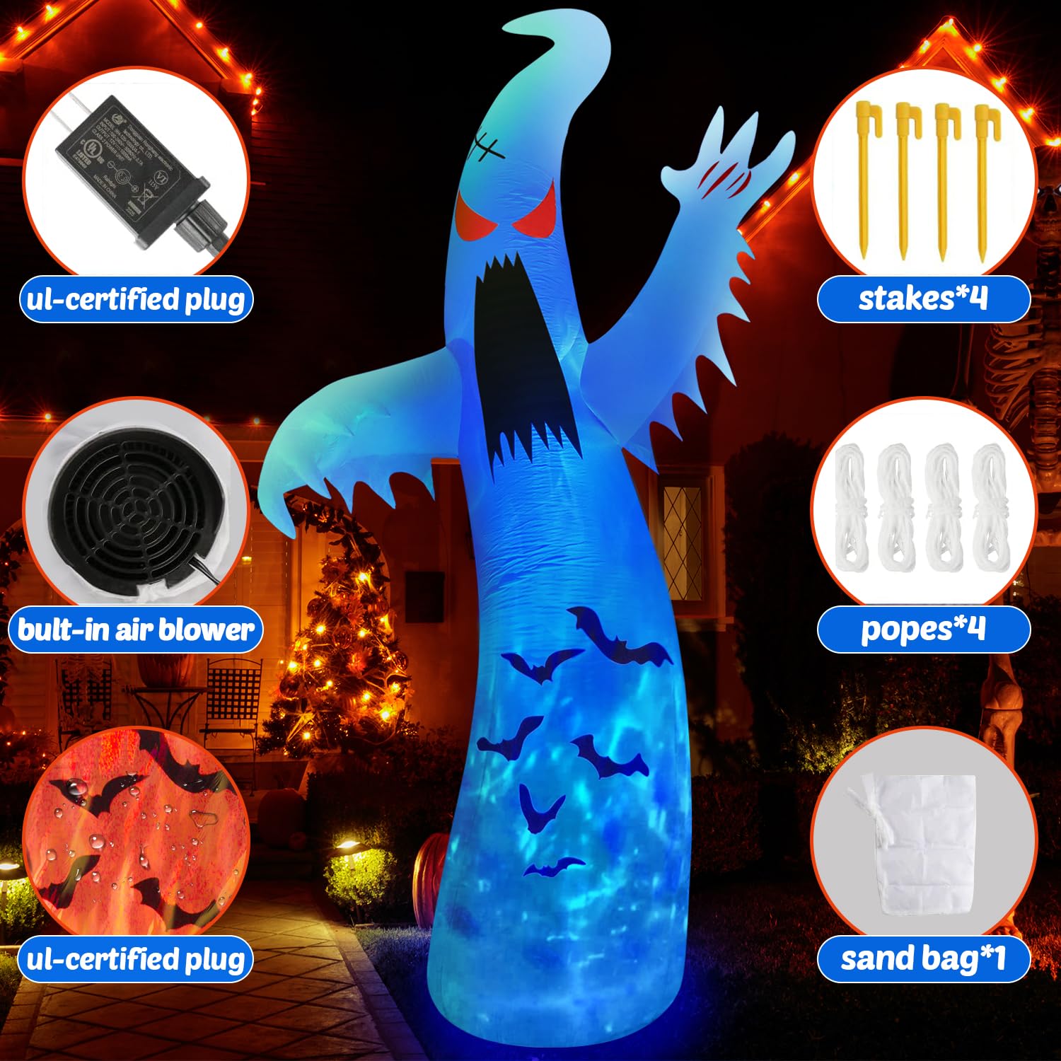 12FT Giant Halloween Inflatables Ghost Outdoor Decorations with 3-Color Rotating Flame LEDs Blow Up Yard Halloween Decorations Outdoor Scary Red Eye Spooky for Lawn Garden Holiday Party Decor