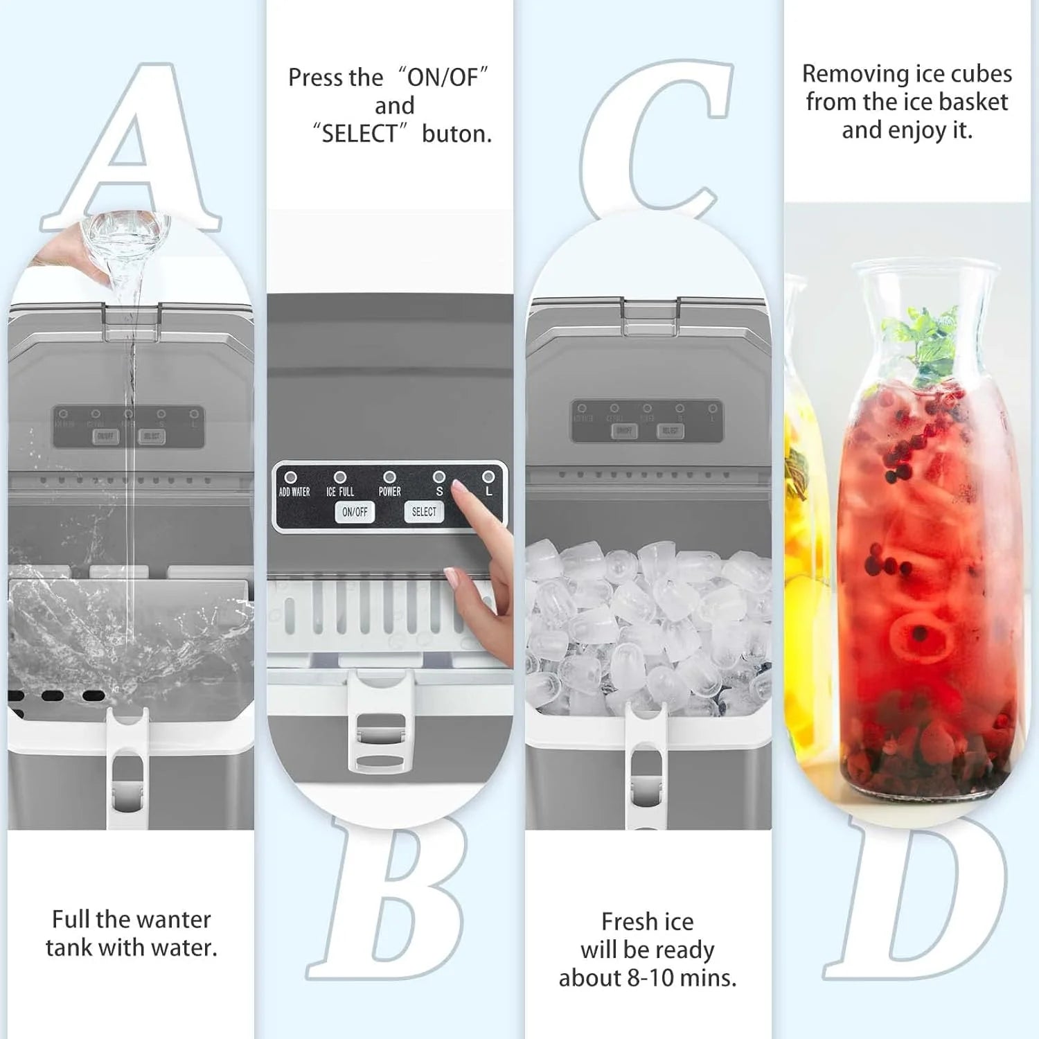 Countertop Ice MakerPortable Ice Machine with Carry HandleSelf-CleaningBasket and Scoop9 Cubes in 6 Mins26.5lbs/24Hrs2 Sizes of Bullet Icefor HomeKitchenPartyGrey