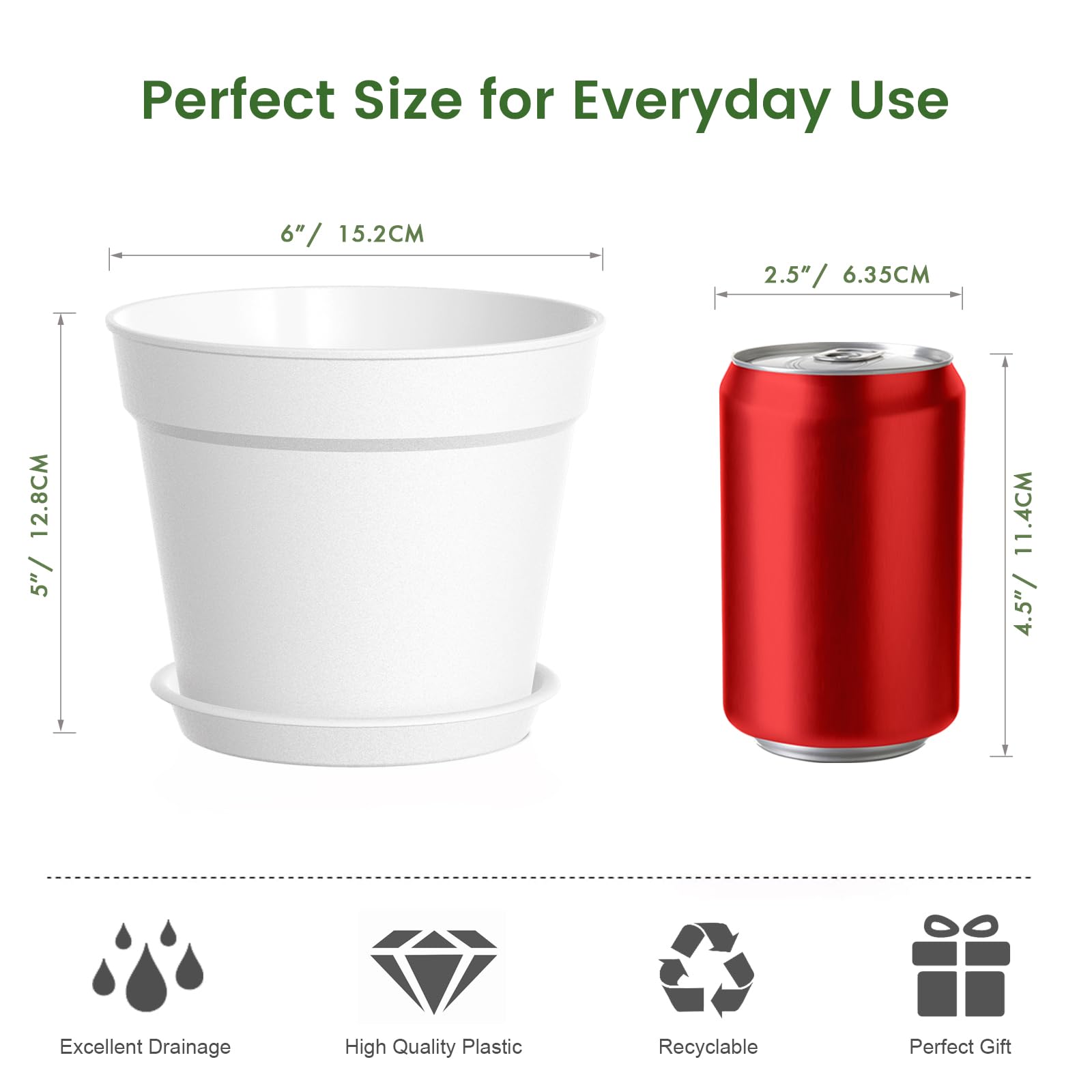 10 Pack 6 Inch Plant Pots with Drainage and Saucers, White Plastic Flower Pots for Indoor and Outdoor Plants, Stackable Nursery Planters for Houseplants and Herbs, White