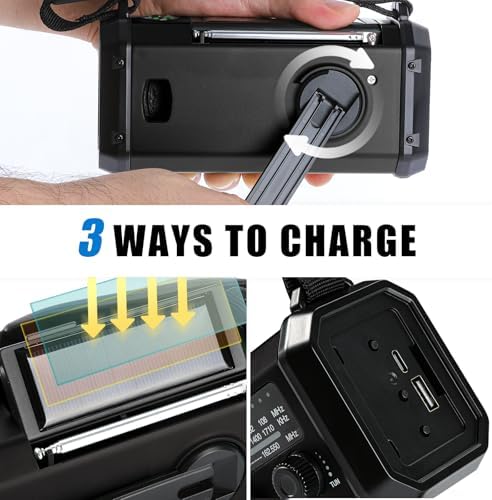 10000mAh Crank Radio, Emergency Radio,NOAA/AM/FM Weather Radio, Type-C Charge,Solar Charging,SOS, 3 Modes LED Torch, Reading Lamp, Compass for Outdoor Survival(Black)