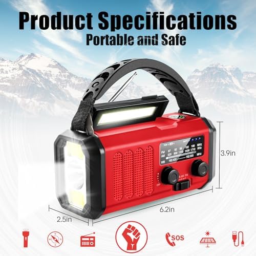10000mAh Crank Radio, Emergency Radio,NOAA/AM/FM Weather Radio, Type-C Charge,Solar Charging,SOS, 3 Modes LED Torch, Reading Lamp, Compass for Outdoor Survival (Red)