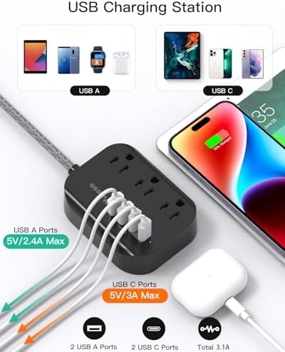 10FT Power Strip with USB Ports - Extension Cord with 3 Outlets and 3 USB Charging Ports, Flat Plug, Wall Mount, No Surge Protection for Cruise Ship Travel, Desk Accessories for Dorm Room Essentials