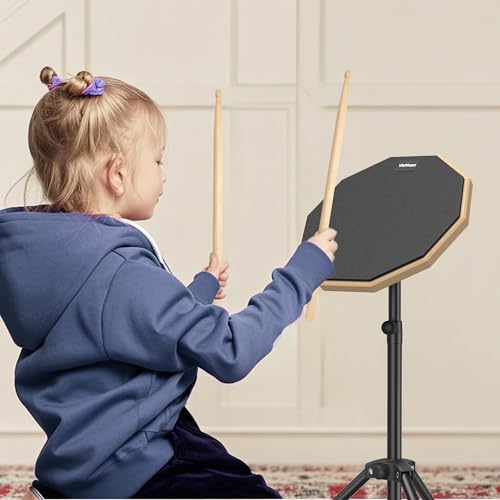 12 Inch Practice Drum Pad with Stand and Sticks, Beginner Snare Drum Pad with Drumsticks(2 pairs) and Carrying Bag, Double Sided Silent Drum Pad (Black)