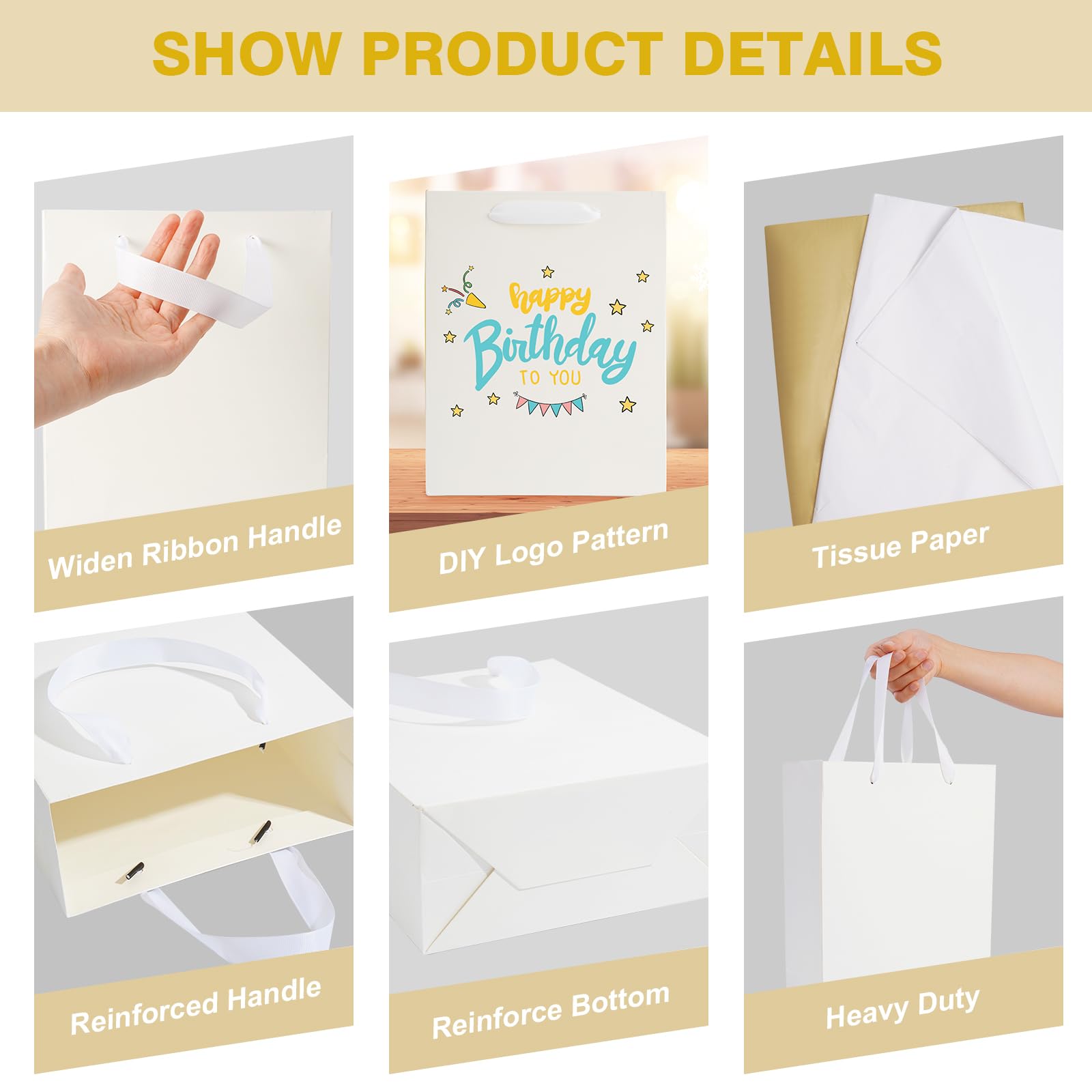 12 Pack White Gift Bags with Handles, Gift Bags Medium Size with Tissue Paper, White Paper Bags for Shopping, Small Business, Bridal Party, Wedding, Christmas and Holiday (10.6” x3.5” x8.3”)