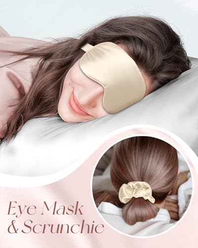 100% Mulberry Silk Bonnet for Women Sleeping Set 19 Momme Natural Silk Sleep Cap for Hair Care with Eye Mask & Scrunchie Night Cap with Elastic Stay On Head, Gold