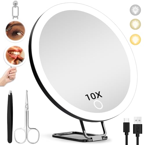 10X Magnifying Mirror with Light, 10x Magnifying Makeup Mirror, Lighted Makeup Magnification Mirror with 360° Adjustable Stand & Suction Cup, Portable Travel Magnifying Mirror, 6inch Magnifying Mirror