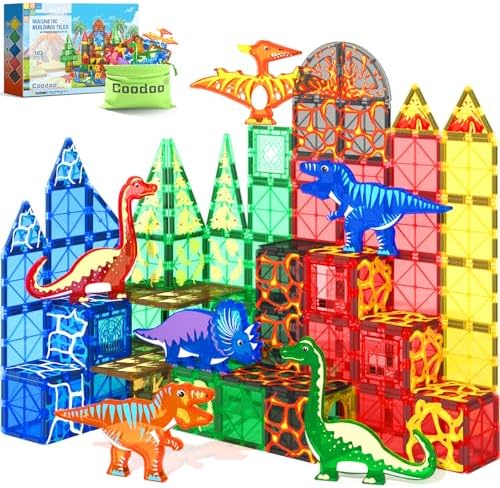 102PCS Dinosaur Toys Magnetic Tiles with 8 Dinosaurs - Jurassic Scenes Dinosaur World Adventure Set, Magnetic Blocks Kids Toys for Boys & Girls Ages 3+, Sensory Toddler Toys Creative Kids Games Gifts