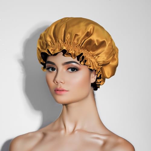 100% Pure Silk Bonnet for Sleeping Women - Reversible Mulberry Silk Hair Wrap - Satin Sleep Bonnet for Black Women - Silk Bonnet Satin Head Wrap for Sleeping - Made in USA (Amber Yellow and Black)