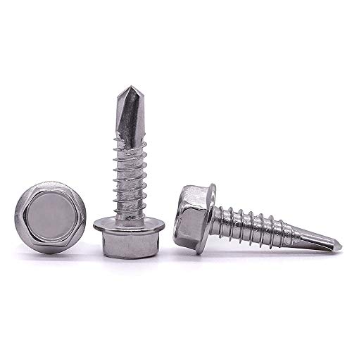 #8 x 1 Hex Washer Head Self Drilling Screws, Self Tapping Sheet Metal Tek Screws, 410 Stainless Steel, 100 PCS
