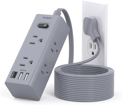 10Ft Extension Cord with Multiple Outlets, Flat Plug Power Strip Surge Protector with 10 Ft Long Cord, 6 Outlet 3 USB Ports (1 USB C), Multi Outlet Wall Plug for Travel, Dorm Room Essentials-Grey