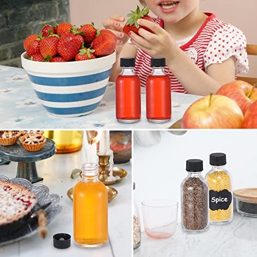 (Pack of 72) 2oz Small Clear Glass Bottles(60ml) with Lids Boston Round Travel Bottles for Vanilla Hot Sauce Juice Whiskey Liquid come with 72 Labels,5 Funnels,5 Droppers,1 Brush&Chalk Marker