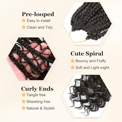 14 Inch Goddess Box Braids Crochet Hair Curly Ends 9 Packs Pre Looped Boho Crochet Box Braids Bohemian Box Braid Crochet Hair For Black Women (14Inch 9Packs,4)