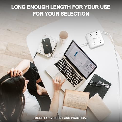 10Ft Power Strip with 1 USB-C,3 USB-A Ports,8 AC Outlets,Multi Plug Outlet Extender,10Ft Extension Cord,Flat Plug Wall Mount Desk USB Charging Station for Home Office College Dorm Room Essentials,UL