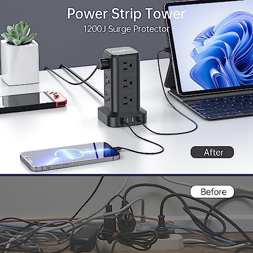 15FT USB C Power Strip Surge Protector Tower, Mini Power Strip Tower Travel 12 AC 4 USB Power Strip with USB Ports, Overload Protection for Home Office