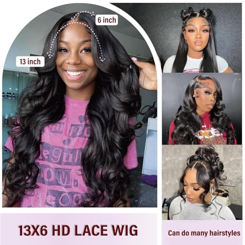 13x6 Body Wave Human Hair Lace Front Wigs 24inch 180% Density HD Lace Frontal Wigs Human Hair Pre Plucked Body Wave Lace Front Wigs Human Hair for Women with Baby Hair Black Color