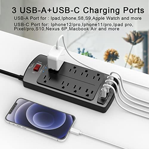 10 Feet Surge Protector Power Strip - Nuetsa Extension Cord(1625W/13A) with 8 Outlets and 4 USB Ports, Flat Plug, 2700 Joules, for Home, School, College Dorm Room, and Office, ETL Listed, Black