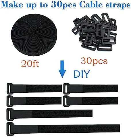 1"x20FT Hook and Loop Straps, with 30 Plastic Buckles, Adjustable Fastening Cable Straps, Cut-to-Length Cinch Strap, Reusable Nylon Securing Cord Ties for Organizer or Storage - Black