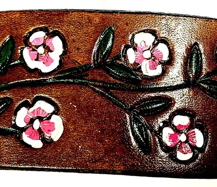 1 LEATHER HAIR BARRETTE, CLIPPED CORNER DESIGN PONYTAIL HOLDER, BRIGHTLY COLORED FLOWERS ON A MEDIUM BROWN BACKGROUND, CHOICE OF 4 GREAT COLORED FLOWERS