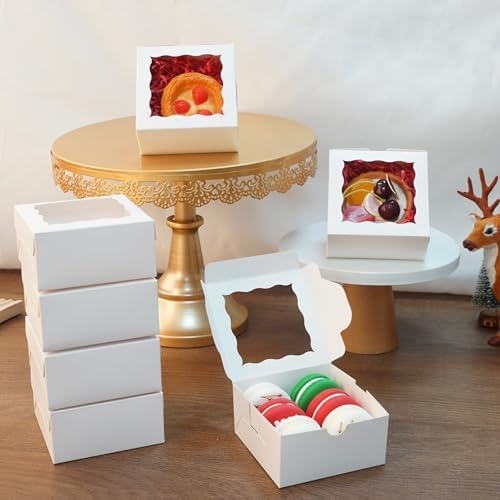 100pcs Cookie Boxes 4x4x2 Inch: Bakery Boxes with Window Dessert Treat Boxes Chocolate Covered Strawberries Boxes for Christmas Valentine's Mother's Day