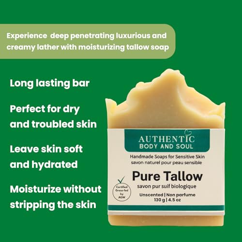 1 Ingredient Organic Tallow Soap for Sensitive Skin - 130 grams each, Pack of 2 - Premium Unscented and Fragrance Free Beef Tallow Skincare, Certified Grass-Fed by AGW (2 Pack Unscented)