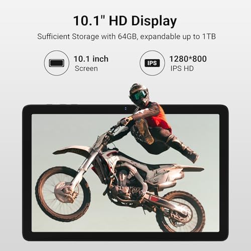 10.1" Android Tablet, Octa-core Processor, 8GB RAM, 64GB Storage (Expand to 1TB), 1280x800 IPS HD Display, 5000mAh Battery, Dual Camera, Wi-Fi 6, Bluetooth 5.0, GMS Certified, Black