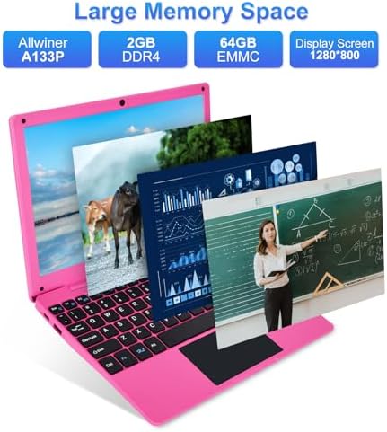 10.1Inch Laptop,Quad-Core Processor with Android 12.0 OS,2GB RAM,64GB EMMC,Built-in Camera, WiFi,USB Interface,Tpye-C Charging for Learning and Entertainment (Pink 2GB+64GB)