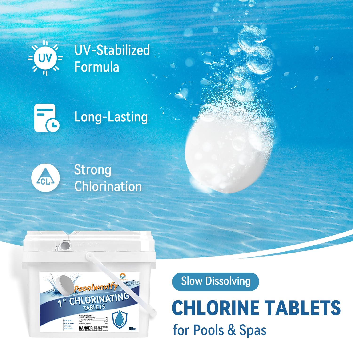 1 Inch Chlorine Tablets for Swimming Pools & Spas | 90% Available Chlorine Trichlor Pool Tablets | Long-Lasting Slow Dissolving Sanitizer for Clean & Clear Water (1inch-5lbs)
