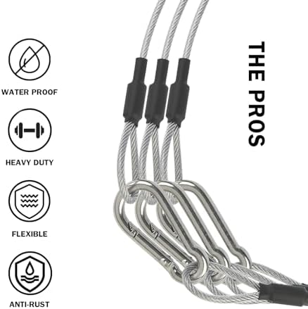 1/8" Stage Light Cables 20 Pack,23.6" Safety Cables with Carabiner Lock for DJ Light Equipments,Stainless Steel Wire Ropes,120lb Load Capacity