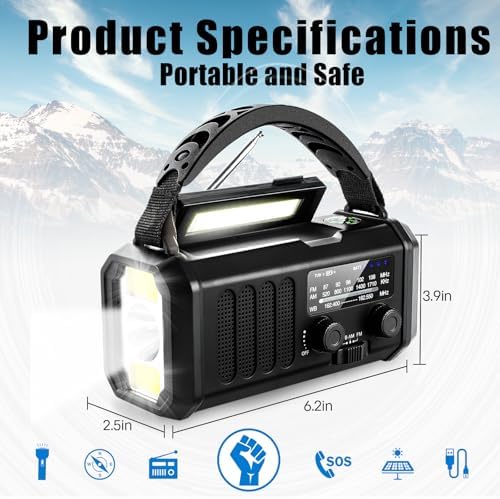 10000mAh Crank Radio, Emergency Radio,NOAA/AM/FM Weather Radio, Type-C Charge,Solar Charging,SOS, 3 Modes LED Torch, Reading Lamp, Compass for Outdoor Survival(Black)