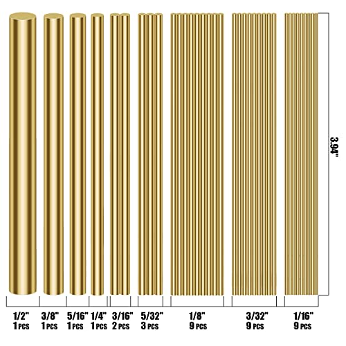 1/2" 3/8" 5/16" 1/4" 3/16" 5/32" 1/8" 3/32" 1/16" Brass Rods Assortment Kit, Brass Solid Round Rod Lathe Bar Stock for Craft Making, Handle Pin, 3.94" in Length (36 Pieces)
