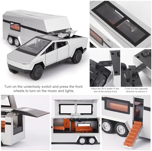 1/32 Cybertruck Toy Car Metal Model for Kid, Alloy Diecast Pickup Trailer RV Model Kit, Toy Truck with Sound and Light, Off-Road Vehicle Collection for Boy Girl Toddler Birthday