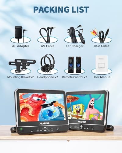 10.5" Dual Portable DVD Player with 1080P HDMI Input, Arafuna Car DVD Player Dual Screen Play A Same or Two Different Movies, Headrest DVD Player for Car Support USB/SD, Last Memory
