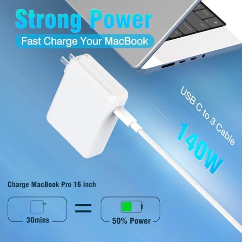 140W USB C Charger Power Adapter for MacBook Pro 16 14 inch 2024 2023 2022 2021 M4 M3 M2 M1 PD3.1, M2 M3 MacBook Air 13 15 inch, 6.6FT USB C to 3 Braided Cable LED, Powerful Connect, Original Quality