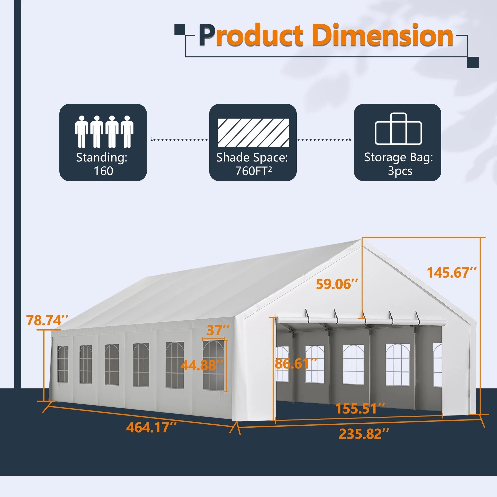 20x40 FT Heavy-Duty Party Tent with 3 Storage Bags - Large Waterproof Wedding Event Shelter for Removable Sidewalls & Zipper Door - Outdoor Commercial Tent for Parties Carport Camping BBQ Garden