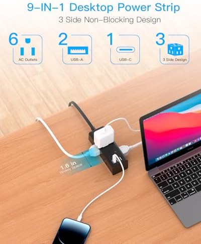 15Ft Extension Cord with Multiple Outlets, Flat Plug Power Strip Surge Protector with 15 Ft Long Cord, 6 Outlet 3 USB Ports (1 USB C), Multi Outlet Wall Plug for Travel, College, Dorm Essentials-Black