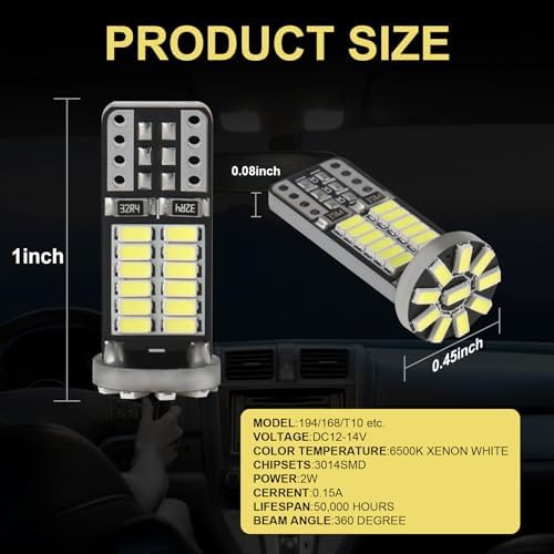 10 Pieces 194 LED Bulb Super Bright 6500K T10 168 2825 W5W 34-SMD 3014 Chipsets Replacement Bulbs for Car Trunk Interior Dome Map Door Dash Courtesy License Plate Lights - Xenon White