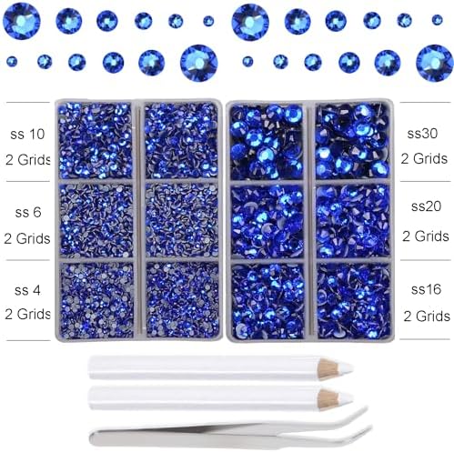 10000Pcs 2-Boxes Mixed Size Hot Fix Round Crystals Gems Glass Stones Hotfix Flat Back Rhinestones with Tweezers and Picking Pencil (Sapphire)