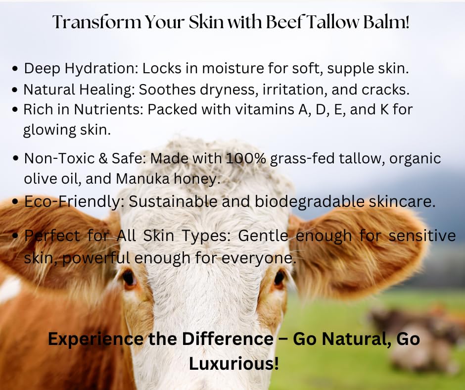 100% Grass-Fed Beef Tallow Balm, Moisturizing Cream with Manuka Honey, Beeswax & Olive Oil – Handmade All-Natural Skincare for Soft, Smooth Skin(2oz) (2oz, Orange)